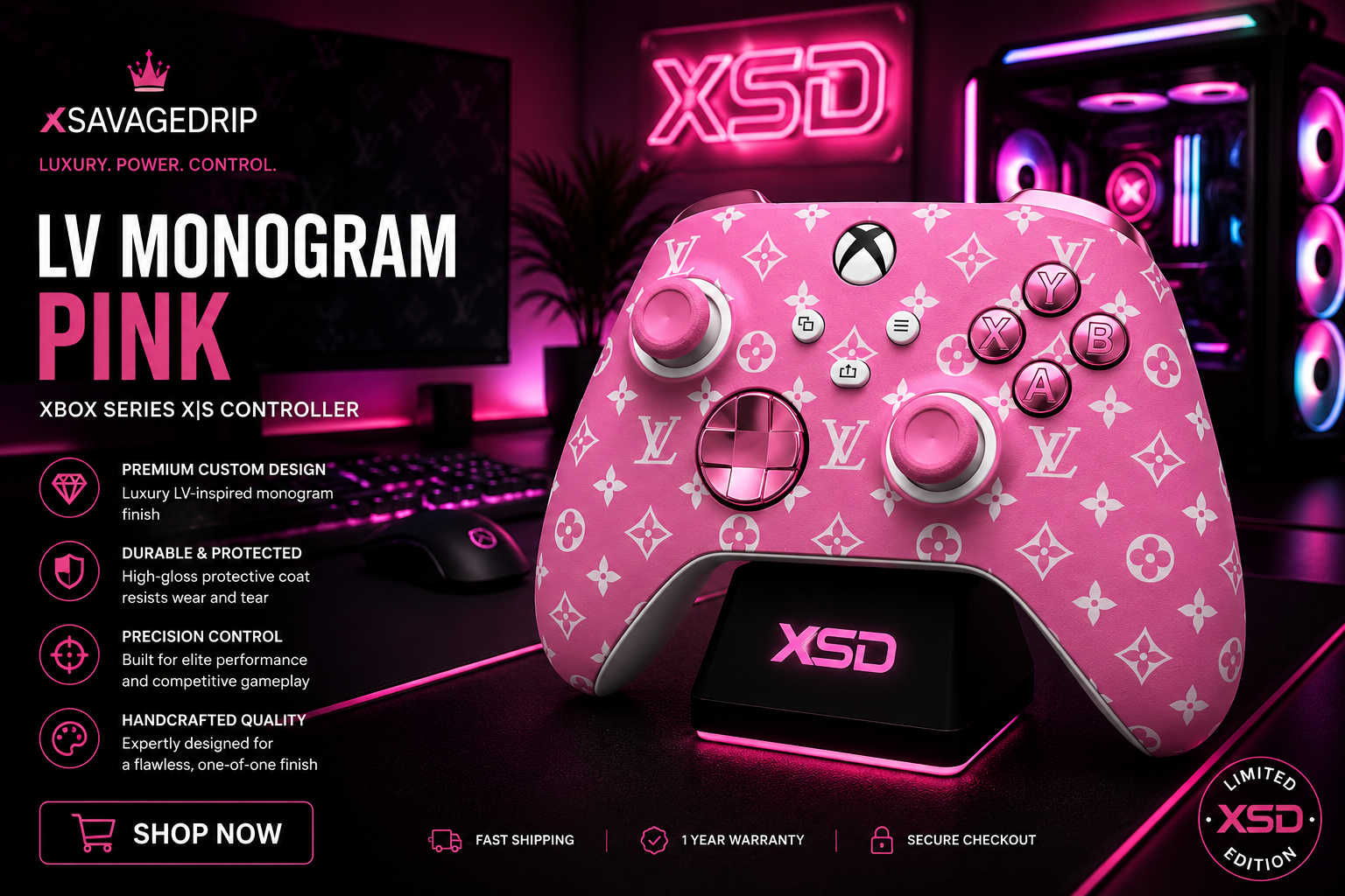 🩷 LV Monogram Pink Xbox Controller